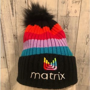 Rainbow stripe beanie with black Pom Pom